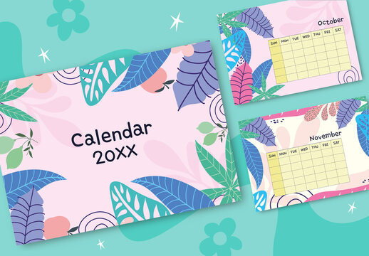 Pink And Blue Botanical Floral Abstract Decorative Calendar Template