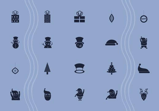 Blue and Black Christmas Icons Set Minimalist Silhouette Design