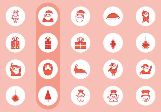  Red White Santa Gift Hat Snowman Icons Set