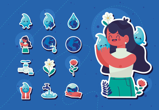 Blue Cute Kawaii Water Conservation and Earth Sticker Icon Set