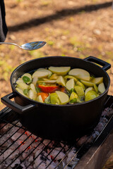 White mulled wine with mandarins, apples, and mint in a pot on hot coals. Picnic in the forest. Ideal for outdoor and festive articles.