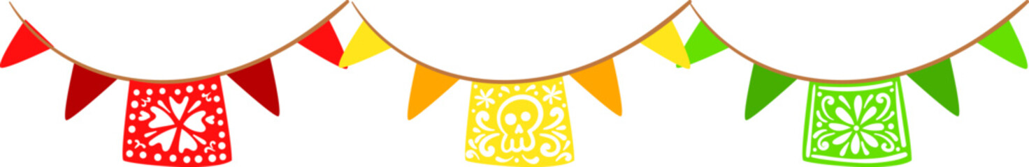 Colorful fiesta bunting with intricate patterns. Festive decoration, traditional Mexican papel picado. Celebration, culture, Cinco de Mayo theme vector illustration.