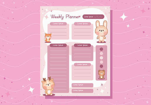 Pink Cute Animal Stars Pastel Weekly Planner Layout