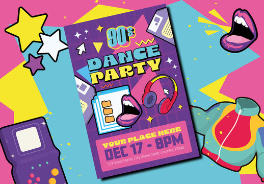 Retro 90s Dance Party Flyer Colorful Pop Art Event Template