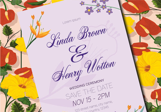 Purple And Yellow Floral Wedding Romantic Love Invitation Template