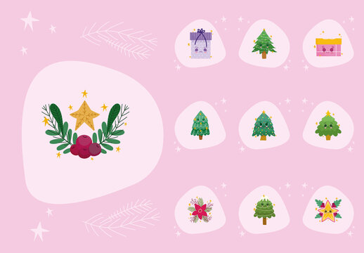 Pink And White Christmas Elements Cute Flat Kawaii Icons Set