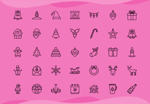 Pink and Black Christmas Holiday Icons Minimalist Line Art