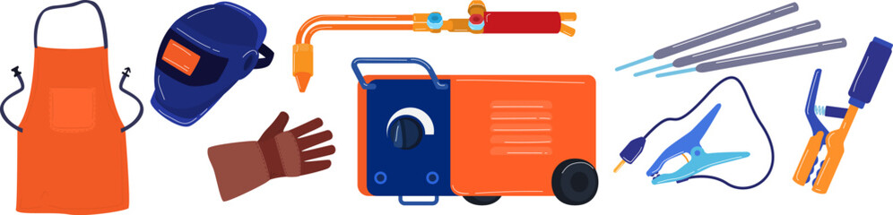 Welding equipment and protective gear set. Orange welder apron, blue helmet, gloves, weld machine. Professional welder safety tools collection vector illustration.