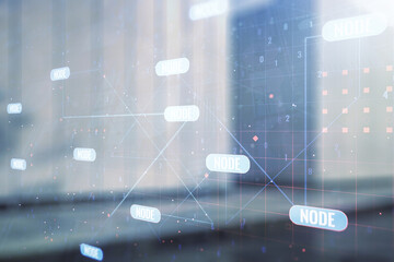 Double exposure of abstract programming language interface on modern business center exterior background, research and development concept