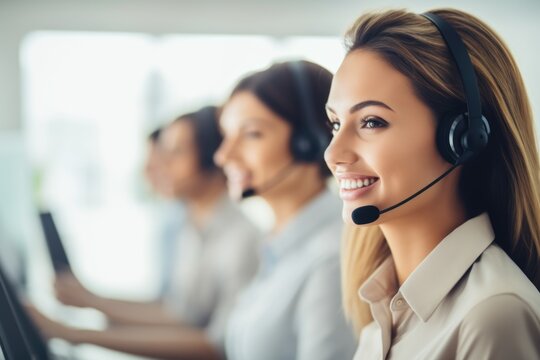 Radiating professionalism, a Scandinavian customer service representative wearing a headset smiles warmly, projecting confidence and warmth.