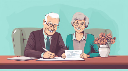 Elderly couple signing papers with social worker 