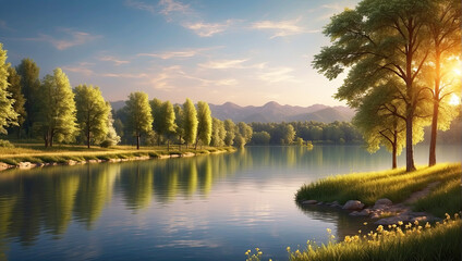 Beautiful landscape with calm water and green trees. 