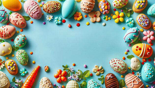 Naklejki Easter frame from sweet chocolate treats for Easter on light blue background