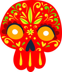 Colorful Mexican sugar skull design with floral motifs. Day of the Dead celebration symbol. Vibrant Dia de los Muertos tradition vector illustration.