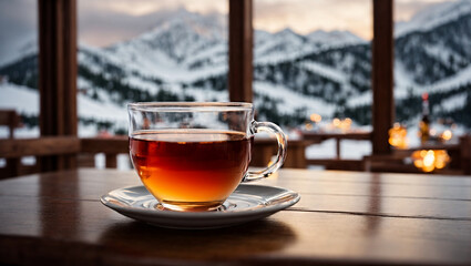 cup of tea at a ski resort - obrazy, fototapety, plakaty
