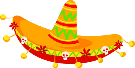 Colorful Mexican sombrero hat with decorative elements and skull motifs. Traditional festival costume accessory vector illustration.