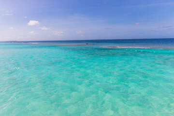 Azure water in the lagoon of the tropical island in the Maldives