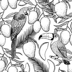 Tropical seamless pattern. Tropical design template. Parrot, toucan and mango fruit vector illustration. Summer design. Beautiful design for textiles. Print on cloth template. © DiViArts