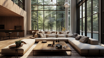 Elegant modern villa living room with wooden high ceiling and full height windows 