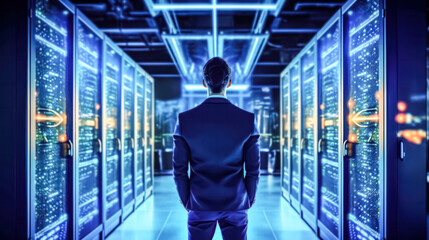 IT engineer walking through data center with rows of working rack servers