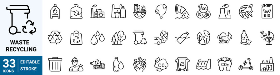 recycling waste line icons. Garbage disposal. Trash separation, waste sorting with further recycling. Editable stroke
