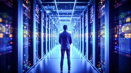 Businessman inspects server cabinets in a data center corridor