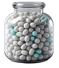 Glass Jar Filled With White and Blue pills isolated on transparent background