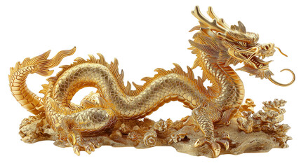 Fototapeta premium Golden Dragon Statue on White Background. L’inarticulé and chinese new year.