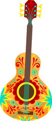 Colorful floral pattern acoustic guitar isolated on white. Vibrant Mexican folk art style decoration. Musical instrument with ornate design vector illustration.