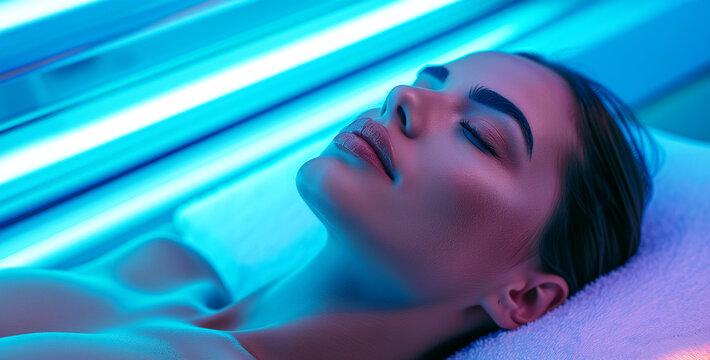 Entspannte Frau liegt unter Solarium