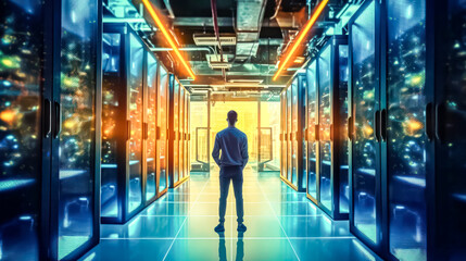 Businessman inspects server cabinets in a data center corridor