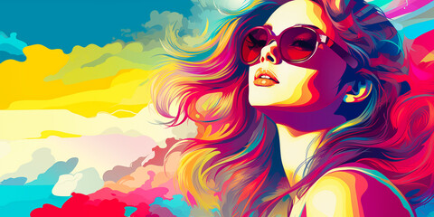 long haired young woman with sunglasses in colorful retro pop art style inspired illustration - obrazy, fototapety, plakaty