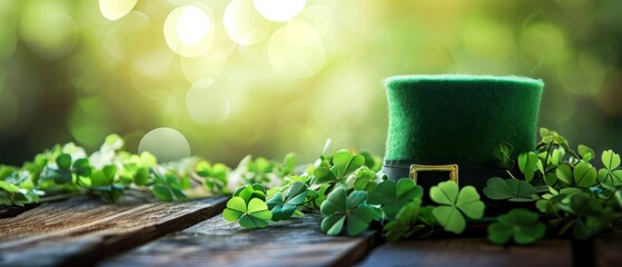 St. Patrick's Day hat with shamrock on green bokeh background. Saint Patrick's Day Concept with Copy Space. - obrazy, fototapety, plakaty