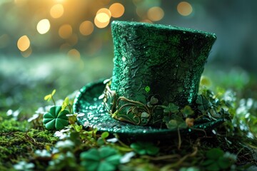 St. Patrick's Day. Leprechaun hat on green moss with bokeh background. Saint Patrick's Day Concept with Copy Space. - obrazy, fototapety, plakaty