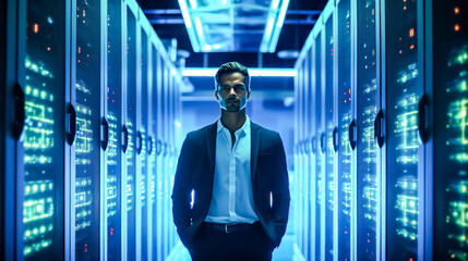 Businessman walks through data center corridor, visually inspecting working server racks