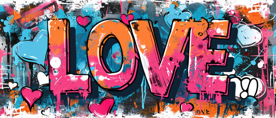 Generative AI, Colorful word Love with hearts as graffiti love symbol on the wall, street art. Melted paint.  