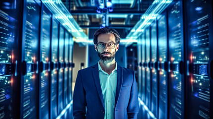 Businessman walks through data center corridor, visually inspecting working server racks - obrazy, fototapety, plakaty