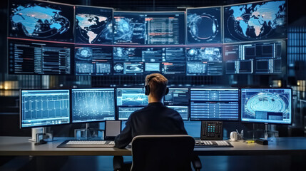 Fototapeta premium Creative man using laptop in evening office