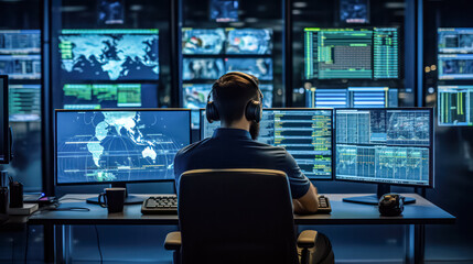 Caucasian man works on laptop in evening office