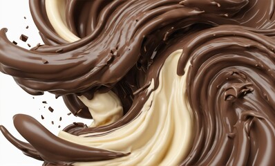 Dark chocolate bar icon with milk and chocolate cream splash, 3d illustration.