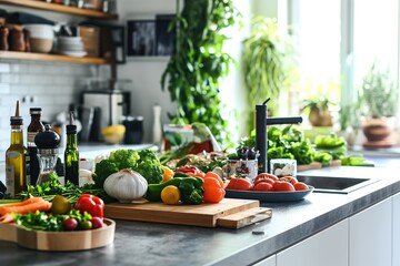Abundance of Fresh Vegetables on a Stylish Kitchen Counter - obrazy, fototapety, plakaty