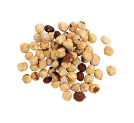 heap of roasted peeled and unpeeled hazelnuts isolated on white background with clipping path, top view, concept of healthy breakfast, vegan food