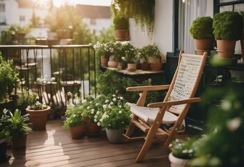 Beautiful balcony with wooden chair and green potted plants Cozy relaxing space at home - obrazy, fototapety, plakaty