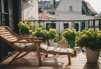 Fototapeta na wymiar Beautiful balcony or terrace with wooden floor chair and green potted flowers plants Cozy relaxing space