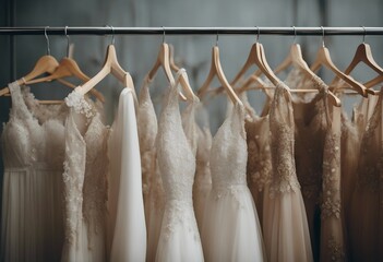 Elegant luxury bridal wedding dresses on hangers
