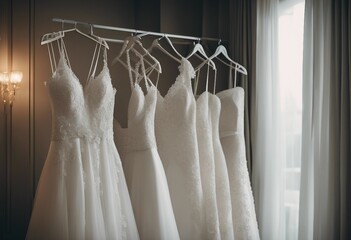 Beautiful elegant luxury bridal dress on hangers White wedding dresses hanging on hanger in bridal 