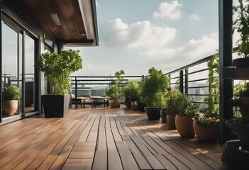 Beautiful of modern terrace with wood deck flooring green potted flowers plants on a top of a building