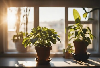 Several indoor potted plants on window sill in sunny day at home