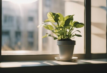 Lonely indoor potted plant on window sill in sunny day at home
