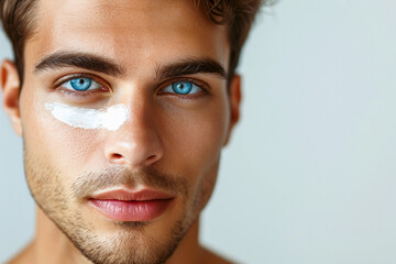 handsome young man with blue eyes has an anti-aging cream under his eye, skin care treatment - obrazy, fototapety, plakaty